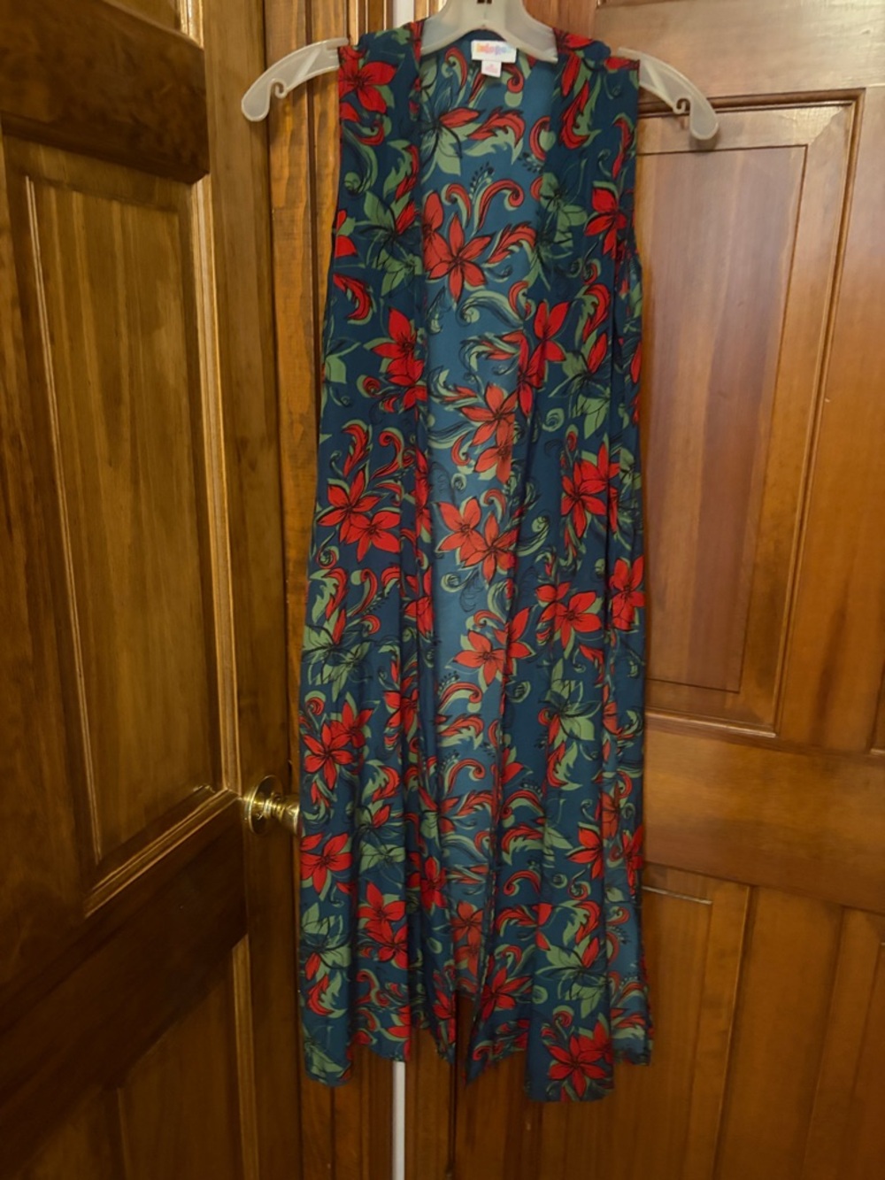 LuLaRoe Teal Cape with Red and Green Floral Print